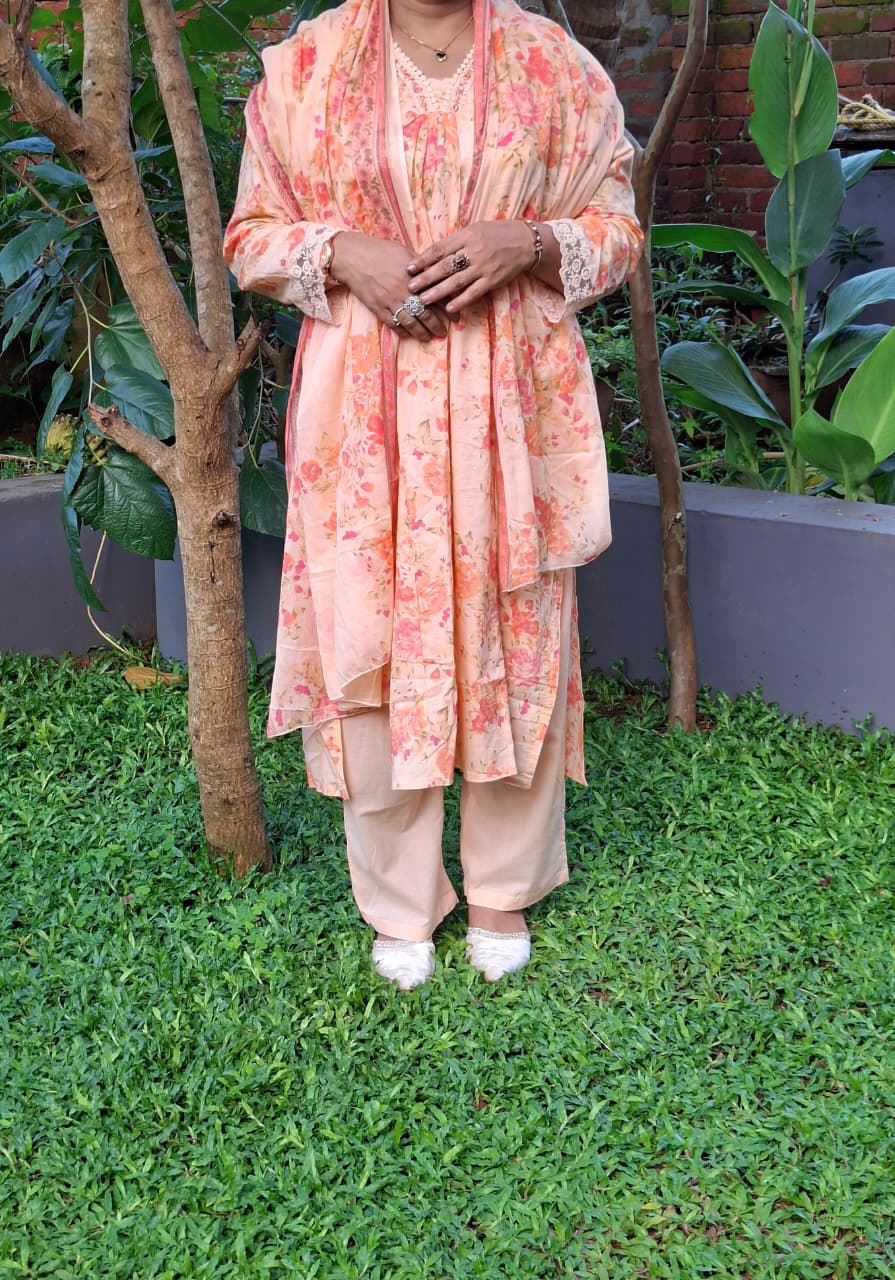 Peach Floral Printed 3-Piece Lawn Suit with Dupatta