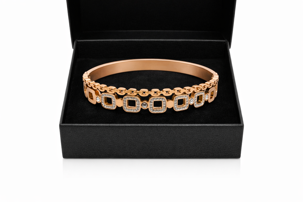 Rose Gold Geometric Crystal Link Bangle Bracelet for Women