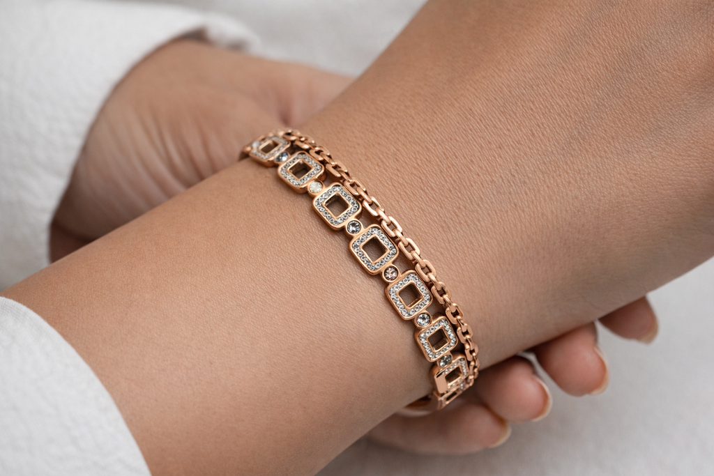 Rose Gold Geometric Crystal Link Bangle Bracelet for Women