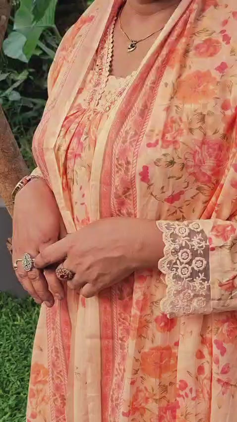 Peach Floral Printed 3-Piece Lawn Suit with Dupatta